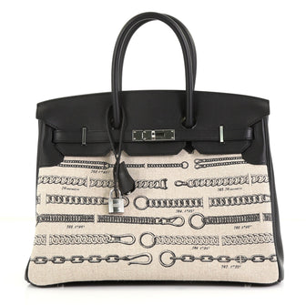 Hermes Birkin Dechainee Handbag Printed Toile and Black Swift with Palladium Hardware 35