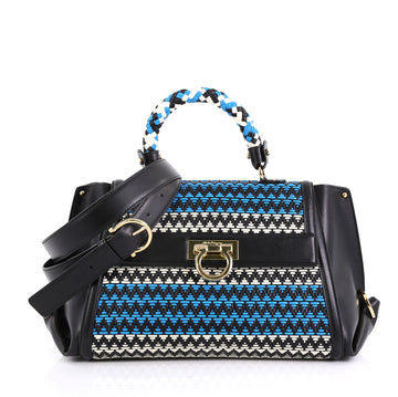Salvatore Ferragamo Model: Sofia Satchel Multicolor Woven Leather Medium Black 42856/1