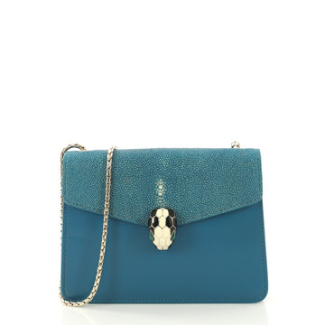 Bvlgari Serpenti Forever Shoulder Bag Leather and Stingray Small Blue 428751