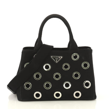 Prada Canapa Convertible Tote Grommet Embellished Canvas Mini Black 4300339