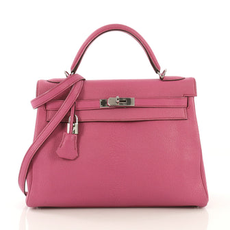 Hermes Kelly Handbag Pink Chevre de Coromandel with Palladium Hardware 32