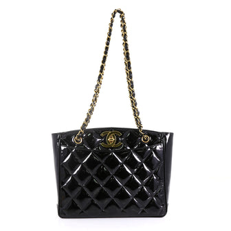 Chanel Vintage CC Lock Pocket Chain Tote Quilted Patent Medium Black 430512