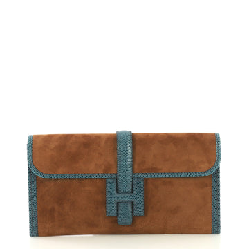 Hermes Jige Elan Clutch Doblis Suede with Lizard 29 Blue 430703