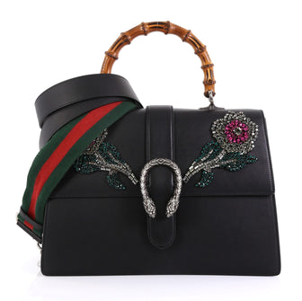 Gucci Dionysus Bamboo Top Handle Bag Embellished Leather Large Black 430821