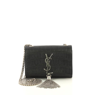 Saint Laurent Classic Monogram Tassel Crossbody Bag Crocodile Embossed Leather Small Black 431823