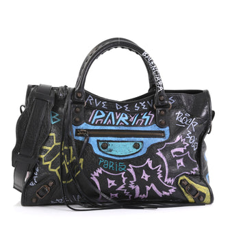 Balenciaga City Graffiti Classic Studs Bag Leather Medium Black 433279