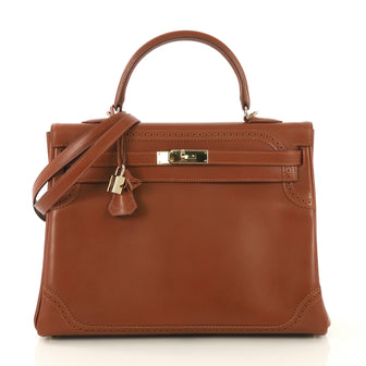Hermes Kelly Ghillies Handbag Brown Tadelakt with Gold Hardware 35 Brown
