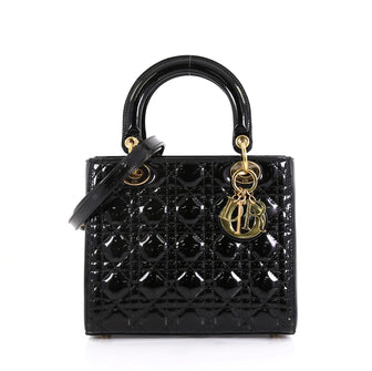 Christian Dior Lady Dior Handbag Cannage Quilt Patent Medium Black 433881