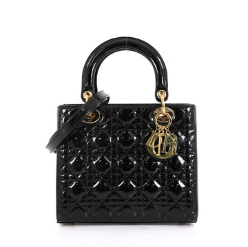 Christian Dior Lady Dior Handbag Cannage Quilt Patent Medium Black 433881