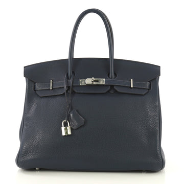 Hermes Birkin Handbag Blue Clemence with Palladium Hardware 35 Blue 434011