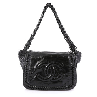 Chanel Resin Modern Chain Flap Bag Quilted Crinkled Patent Medium Black 434167
