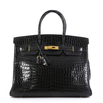 Hermes Birkin Handbag Black Shiny Porosus Crocodile with Gold Hardware 35 434481