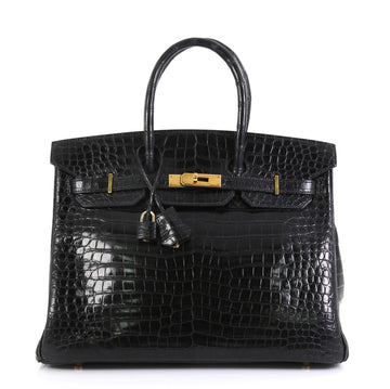 Hermes Birkin Handbag Black Shiny Porosus Crocodile with Gold Hardware 35 434481