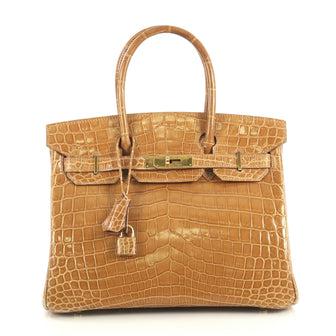 Hermes Birkin Handbag Brown Shiny Niloticus Crocodile with Gold Hardware 30 434483