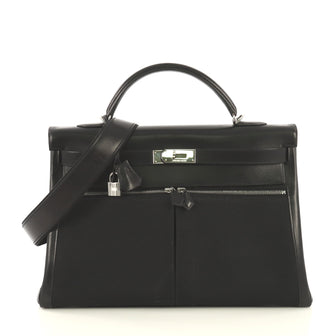 Hermes Kelly Lakis Handbag Toile and Black Box Calf with Palladium Hardware 40 black