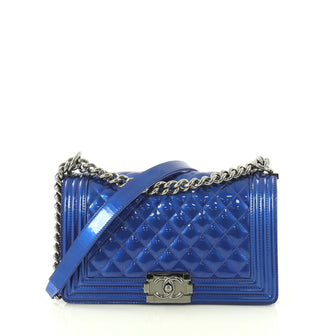 Chanel Boy Flap Bag Quilted Patent Old Medium Blue 435302