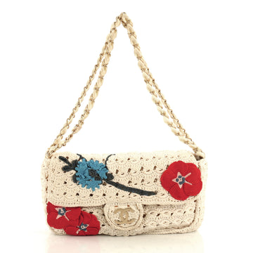 Chanel Camellia Crochet Flap Bag Fabric Small White 435724