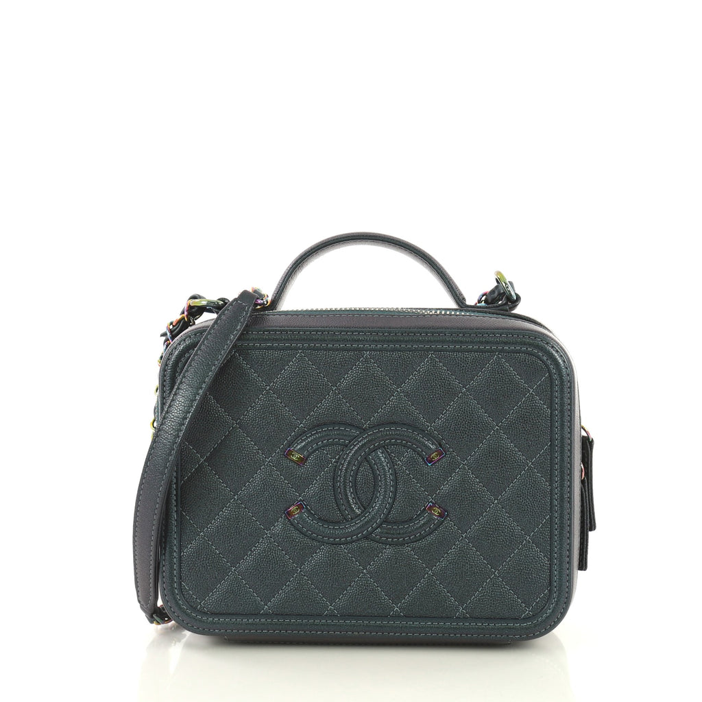 Chanel Filigree Vanity Case Quilted Caviar Small Green 1932824