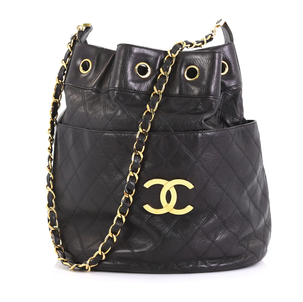 CHANEL Lambskin Quilted Crush on Chains Drawstring Bucket Bag Hobo Grey |  FASHIONPHILE