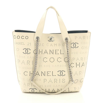 Chanel Logo Eyelets Shopping Tote Perforated Calfskin Medium White 435831