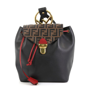 Fendi Drawstring Flap Backpack Leather and Logo Embossed Leather Small Black 436412
