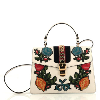 Gucci Sylvie Top Handle Bag Embroidered Leather Medium White 4366432