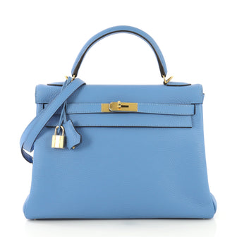 Hermes Kelly Handbag Blue Clemence with Gold Hardware 32 Blue 436644