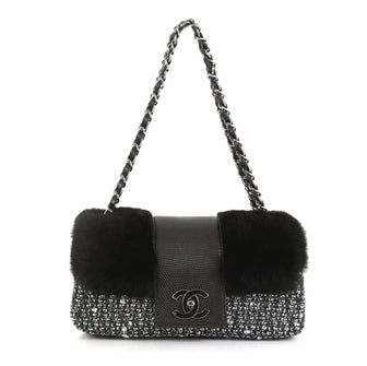 Chanel Fantasy Flap Bag Fur and Tweed with Lizard Medium Black 4366459