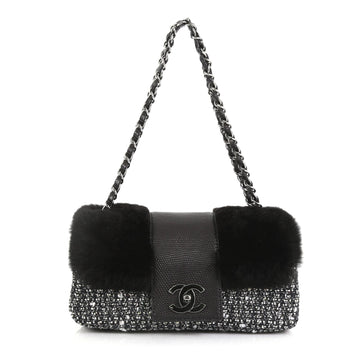 Chanel Fantasy Flap Bag Fur and Tweed with Lizard Medium Black 4366459