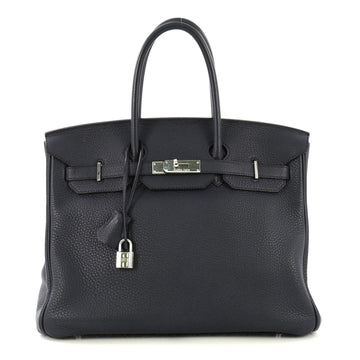 Hermes Birkin Handbag Blue Clemence with Palladium Hardware 35 Blue 436645