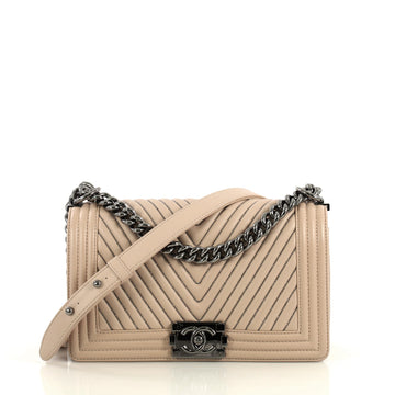 Chanel Boy Flap Bag Chevron Calfskin with Micro Chain Detail Old Medium