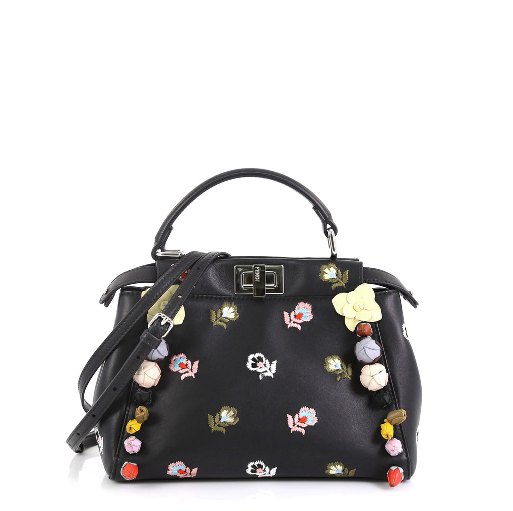 Fendi Neutral Calfskin Leather Floral Inlay Mini Peekaboo Bag w/ Strap