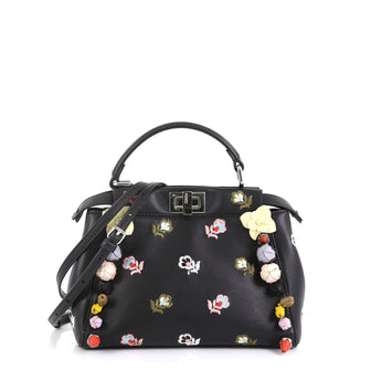 Fendi Peekaboo Bag Embroidered Leather with Floral Applique Mini Black 4372731