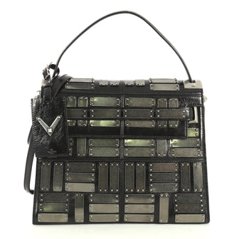 Valentino My Rockstud Satchel Glazed Leather with Metal Embellishment Medium Black 437331