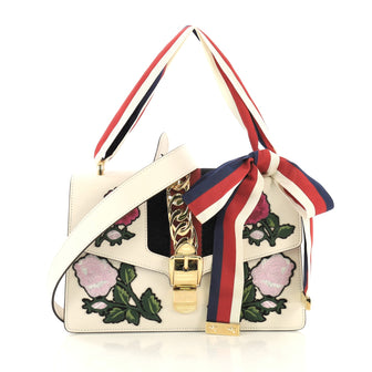 Gucci Sylvie Shoulder Bag Embroidered Leather Small White 43761149