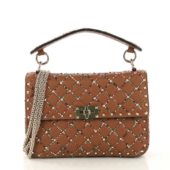 Valentino Rockstud Spike Flap Bag Beaded Quilted Leather Medium Brown 43761184