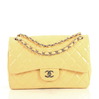 Chanel Classic Double Flap Bag Quilted Patent Jumbo Yellow 437721