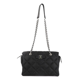 Salvatore Ferragamo Ginette Chain Shoulder Bag Quilted Fabric Medium Black