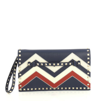 Valentino Rockstud Flap Clutch Chevron Leather and Canvas Blue 437904