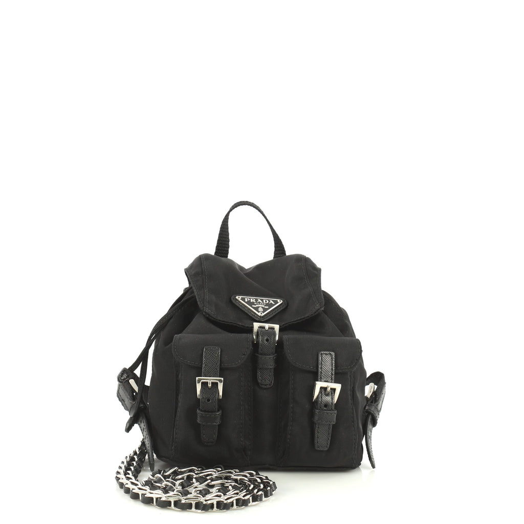 fake prada mini backpack with chain Prada Convertible Chain Backpack Tessuto Mini Black 438932