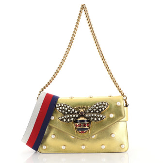 Gucci Broadway Pearly Bee Shoulder Bag Embellished Leather Mini Gold 439031