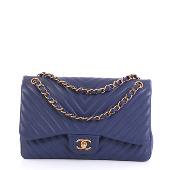 Chanel Classic Double Flap Bag Chevron Lambskin Jumbo Blue 4393017