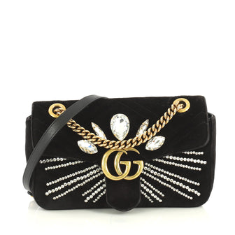 Gucci GG Marmont Shoulder Bag Crystal Embellished Matelasse Velvet Small Black 4393028