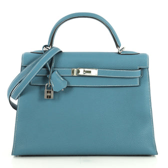 Hermes Kelly Handbag Blue Togo with Palladium Hardware 32 Blue 439561