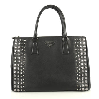 Prada Galleria Double Zip Tote Studded Saffiano Leather Medium Black 4396401