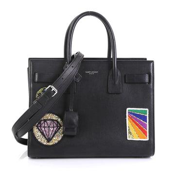 Saint Laurent Sac de Jour NM Bag Patch Embellished Leather Baby Black 440071