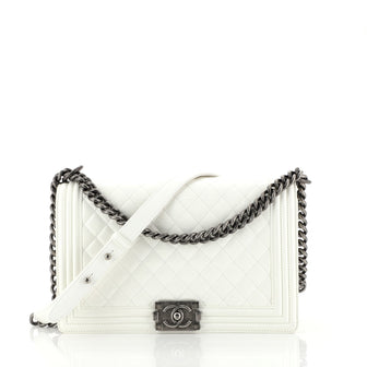Chanel Boy Flap Bag Quilted Crinkled Patent New Medium White 44013106