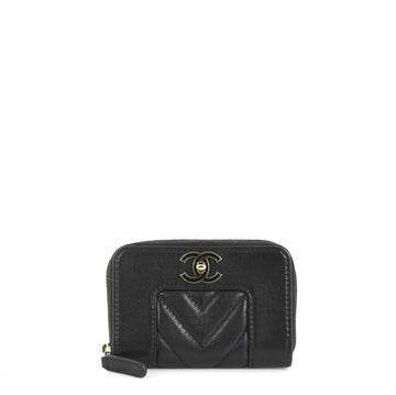Chanel Mademoiselle Vintage Zip Coin Purse Chevron Sheepskin Small Bla...