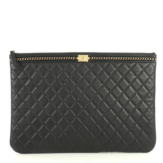 Chanel Boy O Case Clutch Quilted Lambskin with Chain Detail Large Blac...