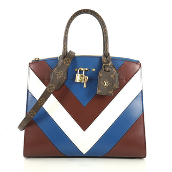 Louis Vuitton City Steamer Handbag Chevron Leather with Monogram Canvas MM Blue 440411